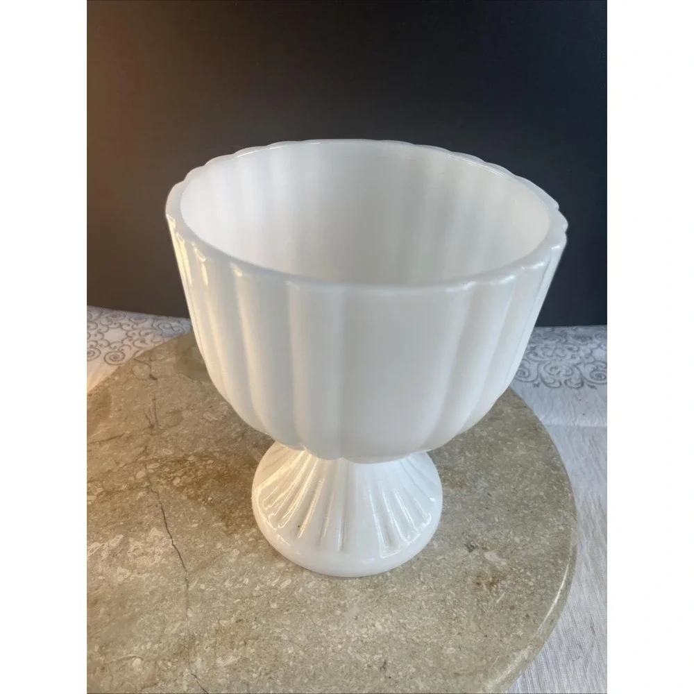Vintage 1960's White Milk Glass 2pound  Ribbed Compote Pedestal Vase